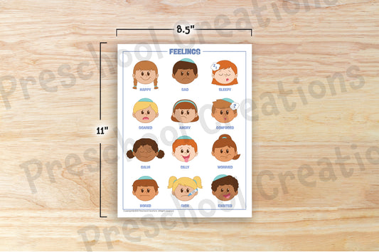 Feelings chart featuring 12 emotions with inclusive Jewish kids, available in 2 sizes for classroom or home use.