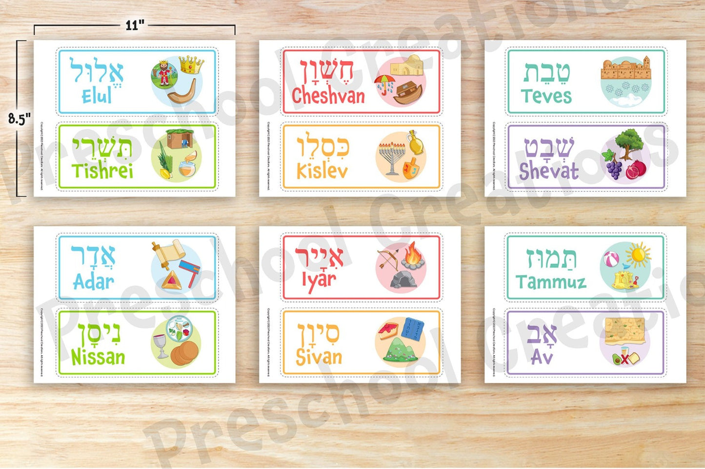 6 pages containing vibrant, full-color images showcasing each month of the Jewish calendar year in a compact, half-size format.  Introduce children to the Jewish calendar with these vibrant half-size posters. Featuring engaging images for each month's Jewish holidays, these posters will add a lively atmosphere to any classroom or home bulletin board. Bring the Jewish months of the year to life with fun artwork and inspiring color!