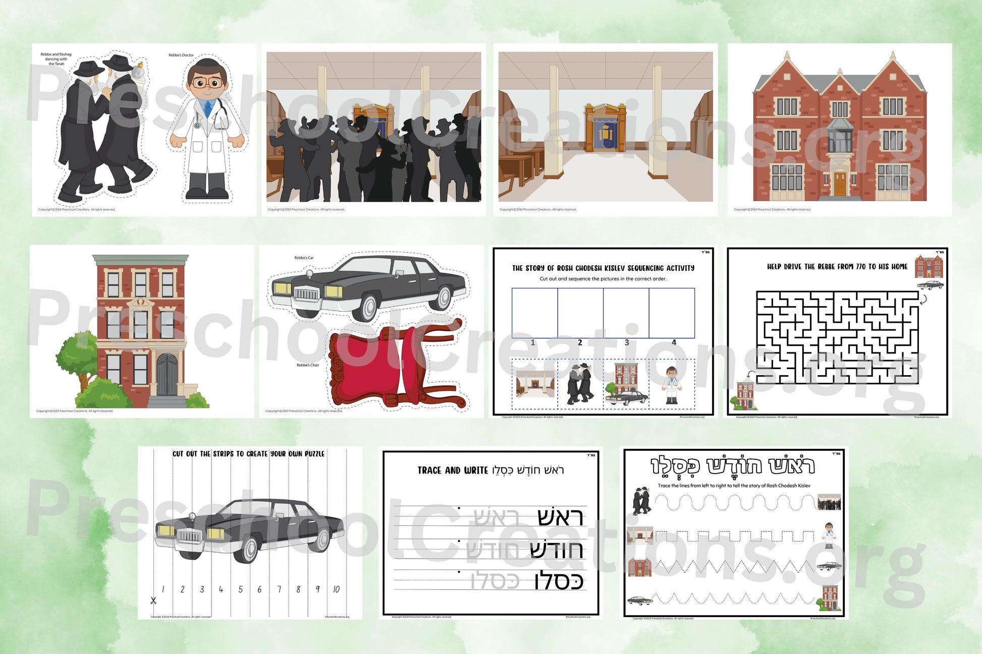 Preview of the Rosh Chodesh Kislev Puppets & Activity Packet, featuring colorful puppets of 770, the Rebbe’s house, car, chair, doctor, and more, along with activity sheets including a maze, sequencing, tracing lines, and a puzzle.