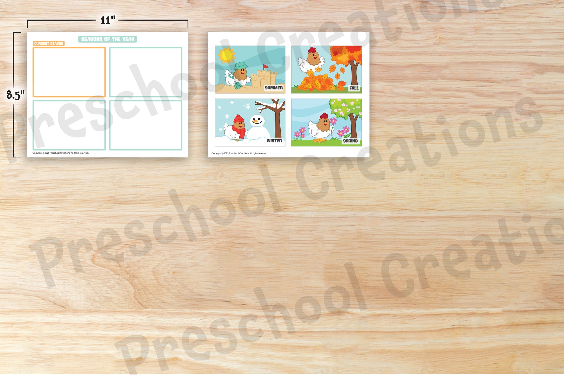4 Seasons chart with bright illustrations of spring, summer, fall, and winter, rotatable to show current season and order of seasons, available in 2 sizes.