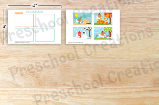 4 Seasons chart with bright illustrations of spring, summer, fall, and winter, rotatable to show current season and order of seasons, available in 2 sizes.