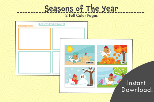 4 Seasons chart with bright illustrations of spring, summer, fall, and winter, rotatable to show current season and order of seasons, available in 2 sizes.