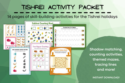 Tishrei Preschool Activity Pack Cover – 14 Pages of Jewish Holiday Activities for Rosh Hashanah, Yom Kippur, Sukkos, and Simchas Torah. Includes shadow matching, counting activities, pre-writing tracing, and themed mazes with adorable art.