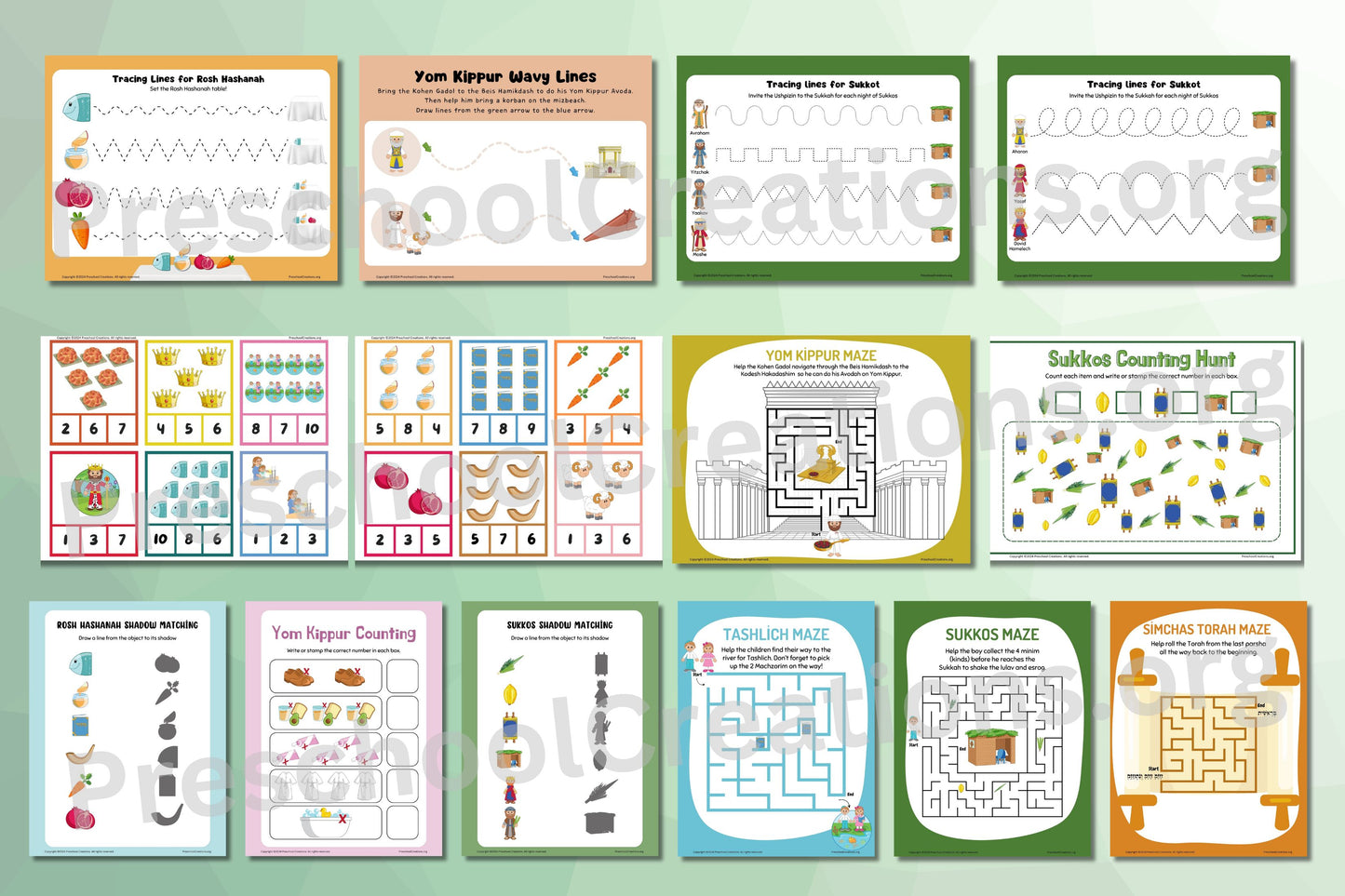 Tishrei Preschool Activity Pack Preview – Includes 14 pages of skill-building activities for Rosh Hashanah, Yom Kippur, Sukkos, and Simchas Torah. Features shadow matching, counting activities, pre-writing tracing, and themed mazes with signature adorable art.