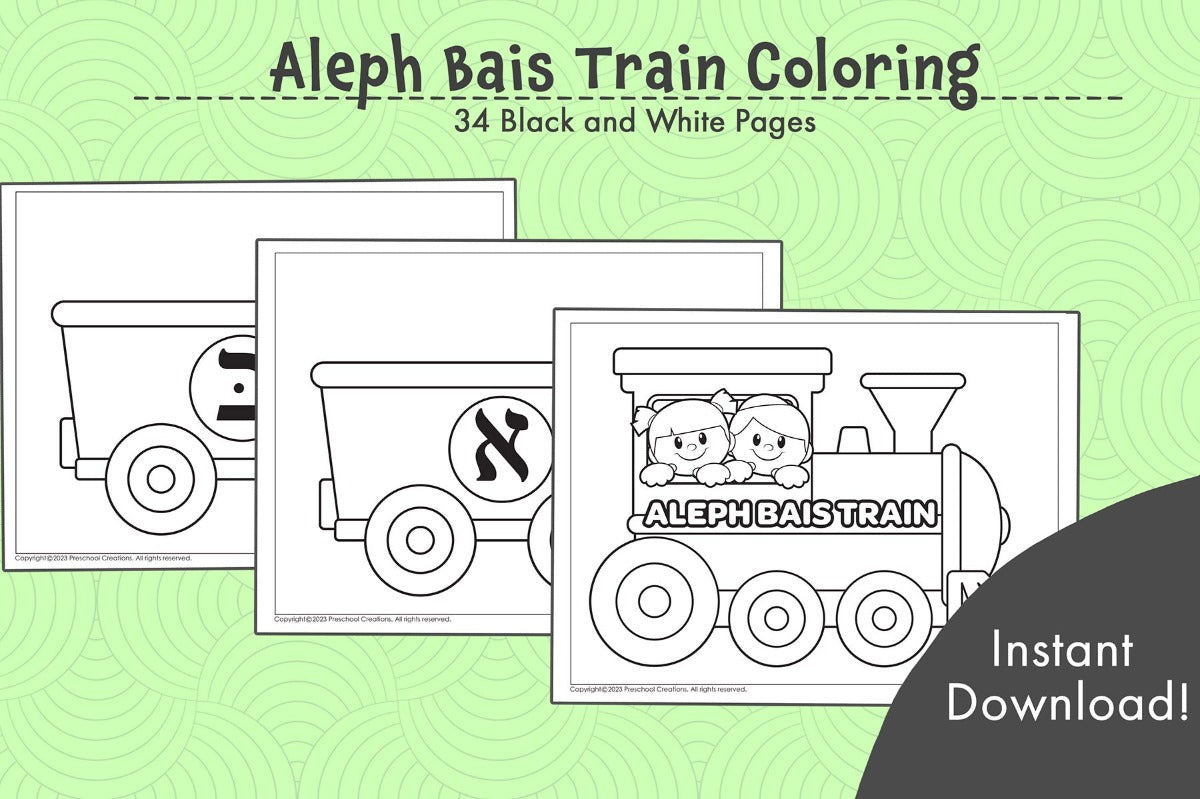 34 black and white pages including a Train engine, and all the Hebrew alef bet on train cars.  Discover the Aleph Beis train - a super fun way to learn the Hebrew Aleph Bet!  Take your tots and toddlers on a journey with our Alef Beis Train in Black and White! This must-have educational tool can be used as both a coloring book or a weekly decorating activity as you introduce each letter of the Alef bet. Hang each colored-in masterpiece in your little ones' room and watch their creativity chug away!