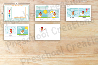 Weather chart featuring a box for current weather, a thermometer with a chicken meteorologist pointing to temperature, and space for seasonal tefillah phrases, available in 2 sizes.