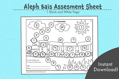 Unlock Alef Bet Mastery with Our Interactive Assessment Sheet!  📝 Begin and end the school year with a delightful assessment journey! Our Alef Beis Assessment Sheet is a fantastic tool to gauge your students' progress in learning the Hebrew alphabet.  🎨 How it works: At the beginning of the year, students dot the Alef Bet letters they know in one color and they use another color to identify the letters that need mastering.
