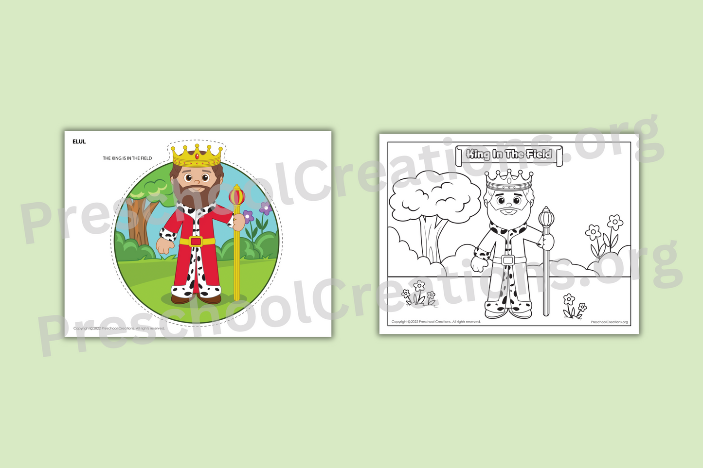 Preview of 2-page Elul set featuring a full-color King in the Field puppet and a matching coloring page.