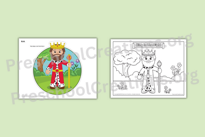 Preview of 2-page Elul set featuring a full-color King in the Field puppet and a matching coloring page.