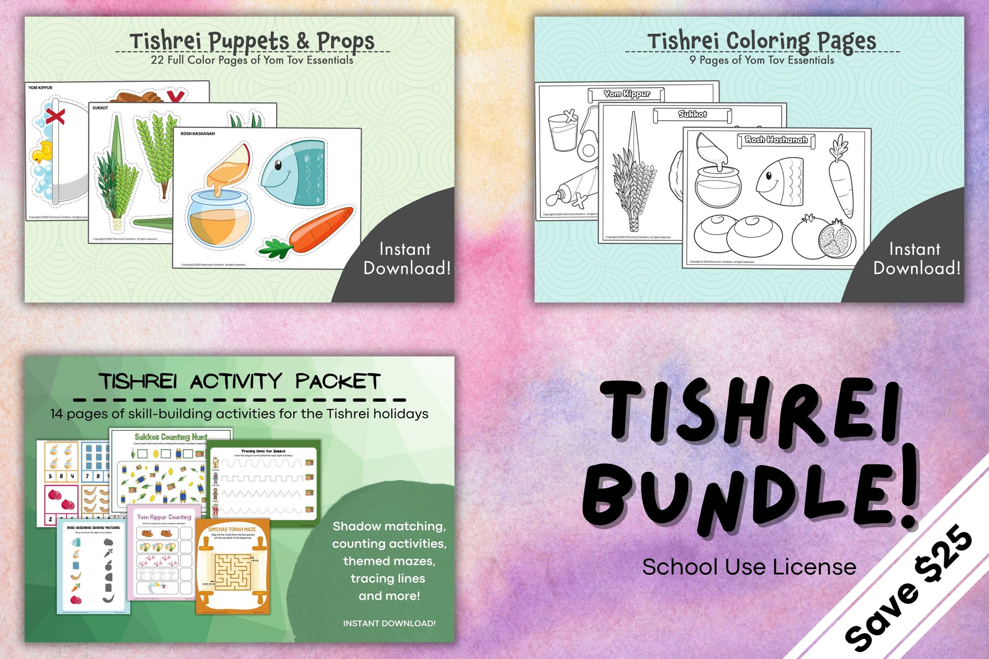 Tishrei bundle with tishrei puppets and props, coloring pages and activity sheets to teach the jewish holidays to children.