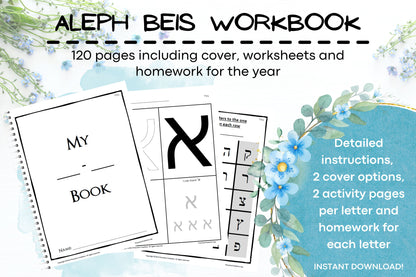 2 pages of instructions for use A cover in 2 languages, English and Yiddish, 1 activity worksheet for each letter of the aleph beis 1 focused writing worksheet for each letter Homework pages to send home each week Unlock Alef Bet Mastery with Our Aleph Beis Workbook!  Dive into the world of Alef Bet with our 120-page Aleph Beis Workbook! This comprehensive curriculum is designed to make learning the aleph-beis an engaging and fulfilling experience for young learners.