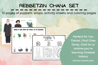 Rebbetzin Chana Puppets and Props Set - 10 full-color pages with puppets, props, activity sheets, and coloring page for learning Chabad history.