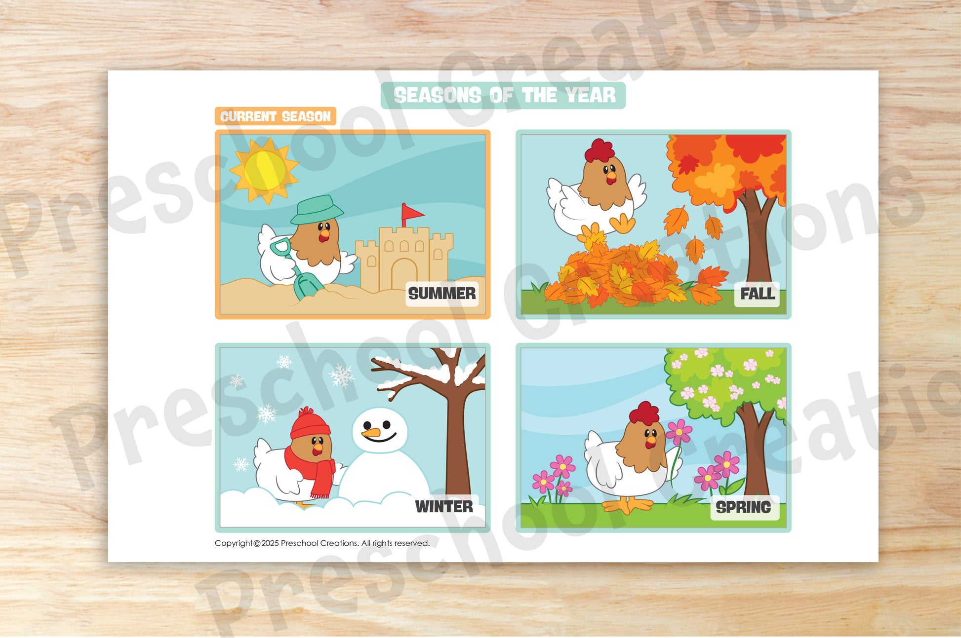 4 Seasons chart with bright illustrations of spring, summer, fall, and winter, rotatable to show current season and order of seasons, available in 2 sizes.