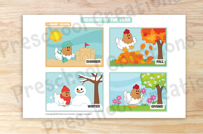 4 Seasons chart with bright illustrations of spring, summer, fall, and winter, rotatable to show current season and order of seasons, available in 2 sizes.