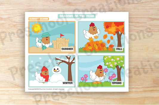 4 Seasons chart with bright illustrations of spring, summer, fall, and winter, rotatable to show current season and order of seasons, available in 2 sizes.