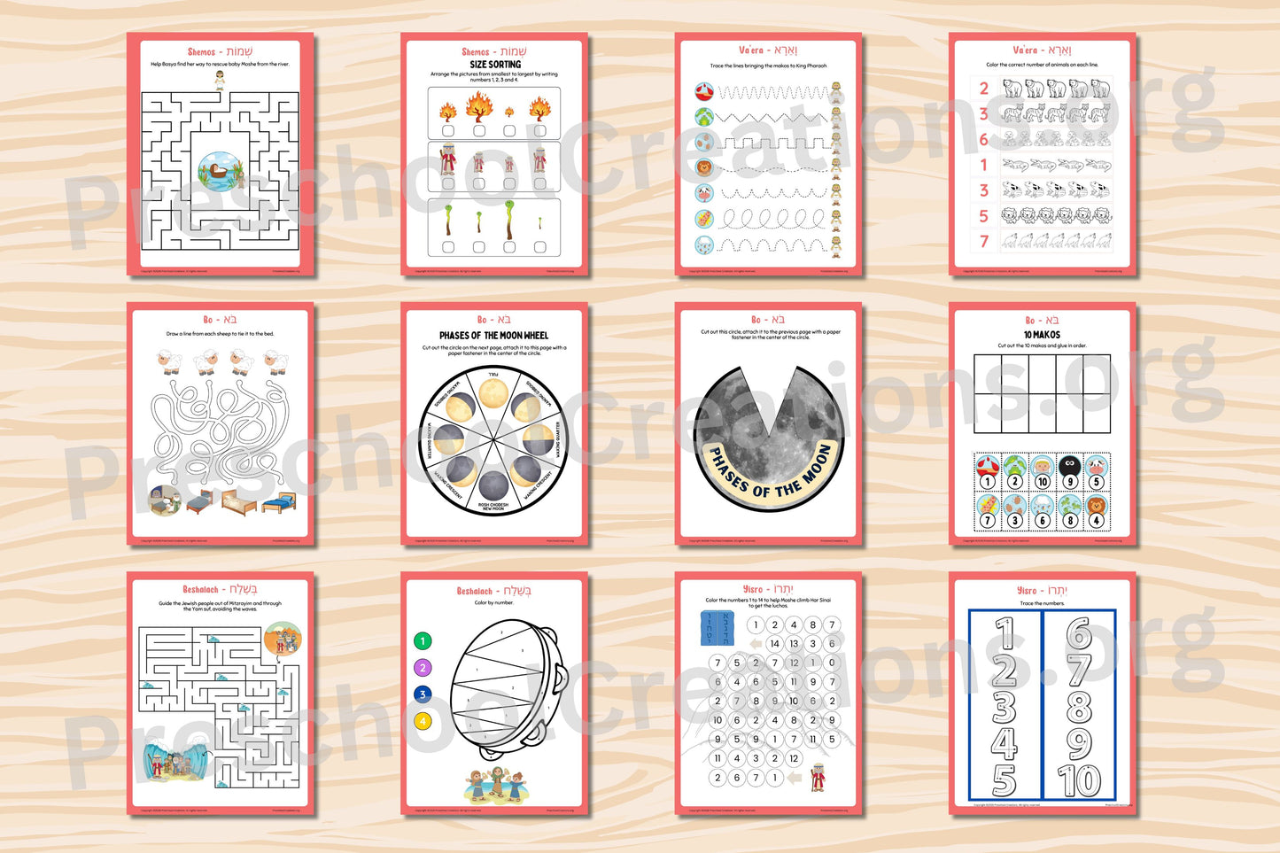 Preview of Sefer Shemos preschool parsha activity sheets featuring tracing lines, counting, mazes, and visual skill activities