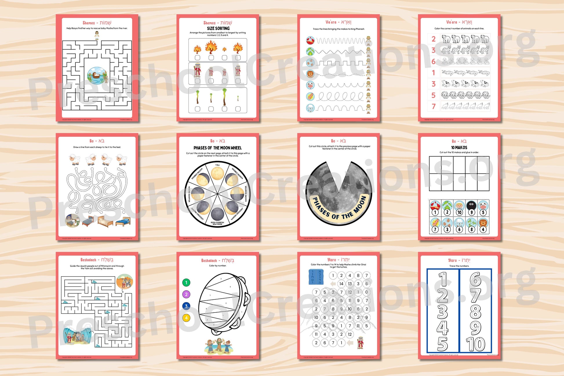 Preview of Sefer Shemos preschool parsha activity sheets featuring tracing lines, counting, mazes, and visual skill activities