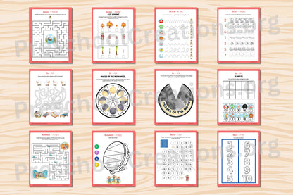 Preview of Sefer Shemos preschool parsha activity sheets featuring tracing lines, counting, mazes, and visual skill activities