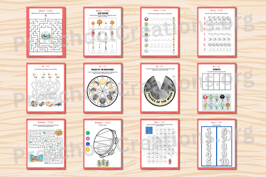 Preview of Sefer Shemos preschool parsha activity sheets featuring tracing lines, counting, mazes, and visual skill activities
