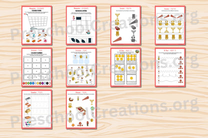 Preview of Sefer Shemos preschool parsha activity sheets featuring tracing lines, counting, mazes, and visual skill activities