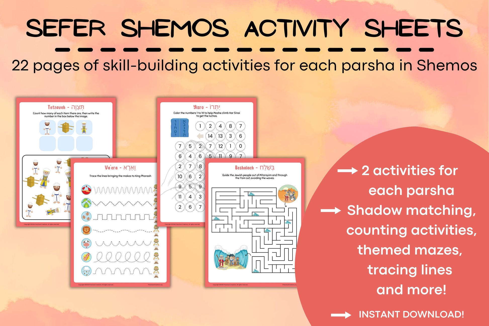 Preview of Sefer Shemos preschool parsha activity sheets featuring tracing lines, counting, mazes, and visual skill activities