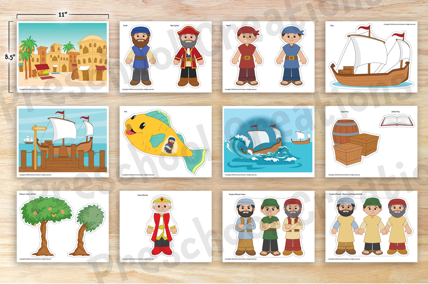 Story of Yonah puppet set – includes colorful images of Yonah, the ship, big fish, city of Nineveh, sea, captain, sailors, king of Nineveh, and more.