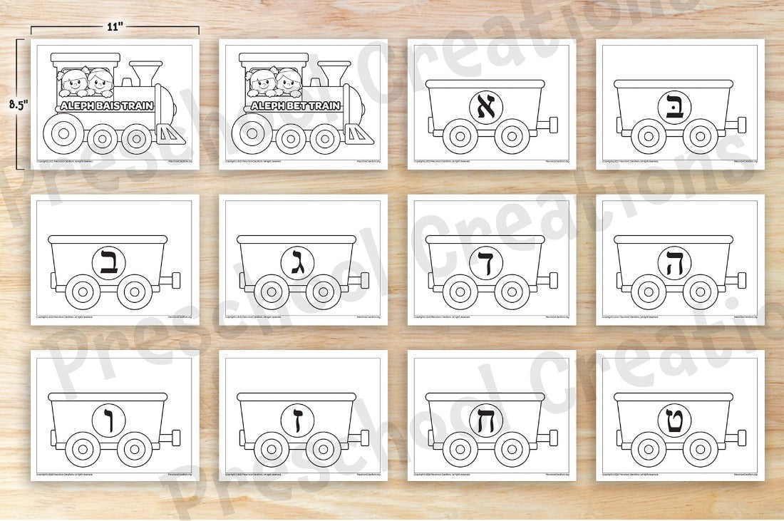 34 black and white pages including a Train engine, and all the Hebrew alef bet on train cars.  Discover the Aleph Beis train - a super fun way to learn the Hebrew Aleph Bet!  Take your tots and toddlers on a journey with our Alef Beis Train in Black and White! This must-have educational tool can be used as both a coloring book or a weekly decorating activity as you introduce each letter of the Alef bet. Hang each colored-in masterpiece in your little ones' room and watch their creativity chug away!