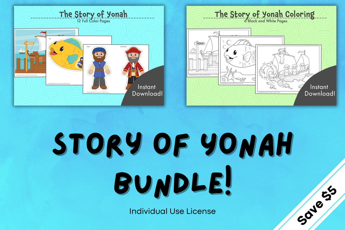 Story of Yonah puppets and coloring book bundle with vibrant illustrations of the book of Jonah