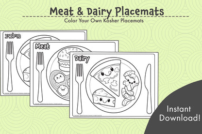 Create and color your own meat and dairy kosher placemats. You can color or paint them and then laminate for a waterproof finish you can use during your meals.  Great for teaching about kosher, brachos and parshas mishpatim where we learn the mitzvah of not mixing meat and milk.  The file comes with 3 variations for both meat and dairy in English, Hebrew and Yiddish.  Meat/dairy  חלבי/בשרי  מילכיג/פליישיג