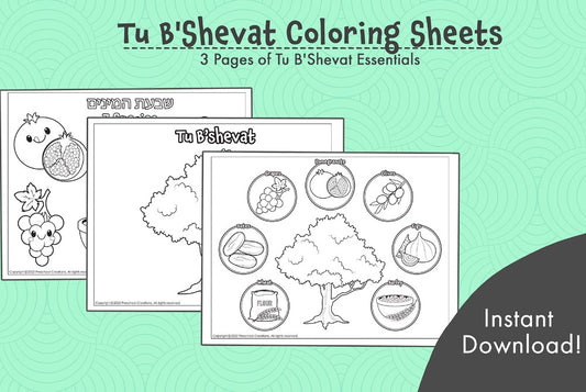 3 Black and white coloring pages for Tu B'shevat depicting a tree, the 7 special kinds that Israel is blessed by and a picture of both together.  You can use the tree picture as a baseline for any Tu B'shevat project you are doing. A family tree, fruits on the tree and more.  A tu b'shevat Tree Large and Small versions of the shivat haminim - 7 species wheat barely grapes figs pomegranates olives dates. 7 species of Israel celebrating the birthday and new year of the trees.
