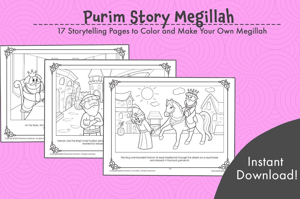 17 beautifully illustrated pages to color your own Megillah.   This megillah is truly one of a kind. It reads like a storybook and has the cutest black and white heavily detailed illustrations. You can use this megillah in your classroom, at shul or at your own Purim party during the megillah reading to keep the kids entertained.  Suggested uses:  Glue or tape the pages together and roll it into a long megillah Staple or bind into a beautiful book Print out for the kids to color during megillah reading 