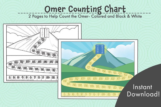 A beautiful Omer counting chart for your to count the Omer daily until Shavuot.  A full color and a black and white version of the sefiras ha'omer counting chart. You can send home the black and white version for the kids to color and keep track at home. You can use the color version in your classroom to count the omer as a class.