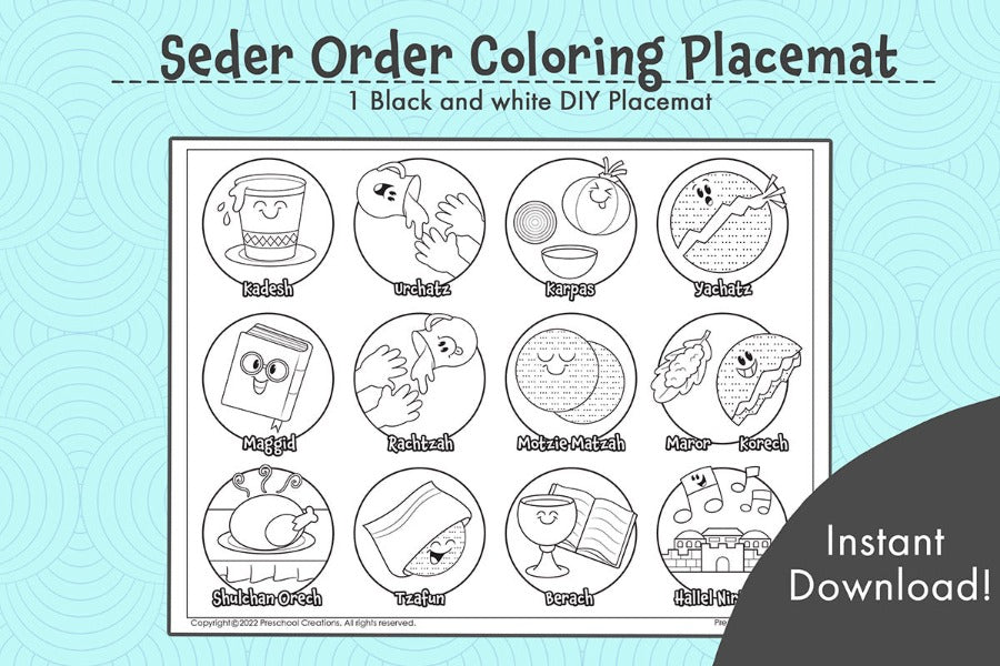 Looking for beautiful Pesach placemat for the Seder or Passover?  Adorable black and white art depicting the 15 steps of the Passover Seder.  You can have the little ones color it in and laminate it to make it waterproof.  This one of a kind art will make a great addition to your Seder table!