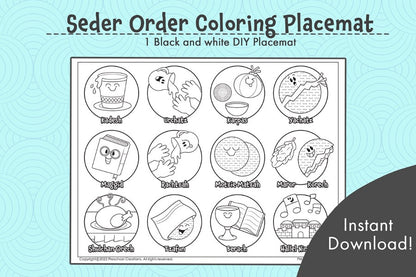 Looking for beautiful Pesach placemat for the Seder or Passover?  Adorable black and white art depicting the 15 steps of the Passover Seder.  You can have the little ones color it in and laminate it to make it waterproof.  This one of a kind art will make a great addition to your Seder table!