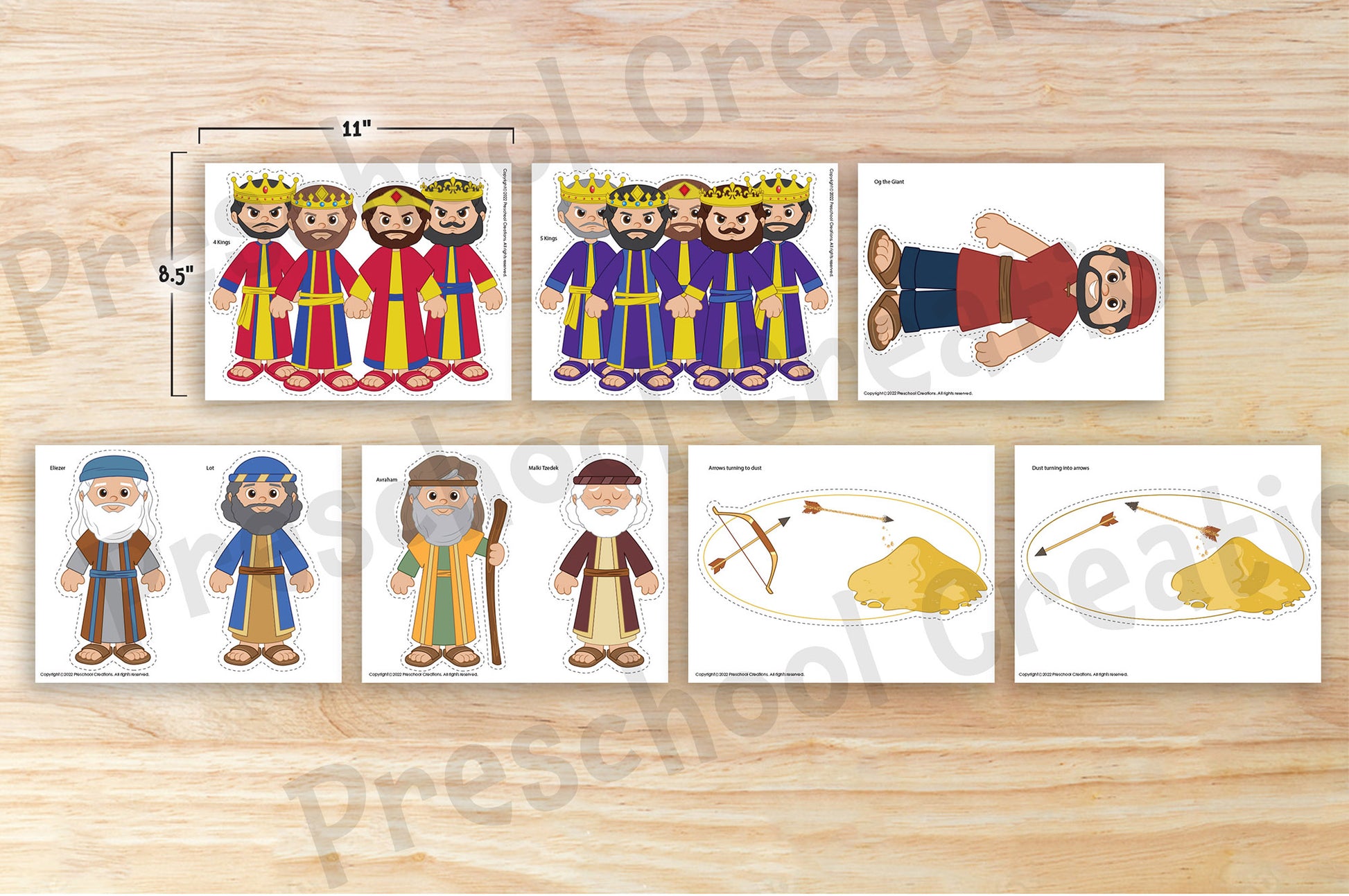 7 Full color pages of puppets and props for Parshas Lech Lecha, perek 14. The story of the war of the 4 kings and 5 kings and Avraham coming to save Lot.  Bring your chumash lessons to life with these adorable puppets and engaging artwork that will instantly upgrade your lessons and take them to the next level. Teaching Chumash is now so much easier and hands on!  This set includes:  4 kings  5 kings  Avraham  Eliezer  Lot  Malki Tzedek  Og  Arrows turning to dust  Dust turning into arrows