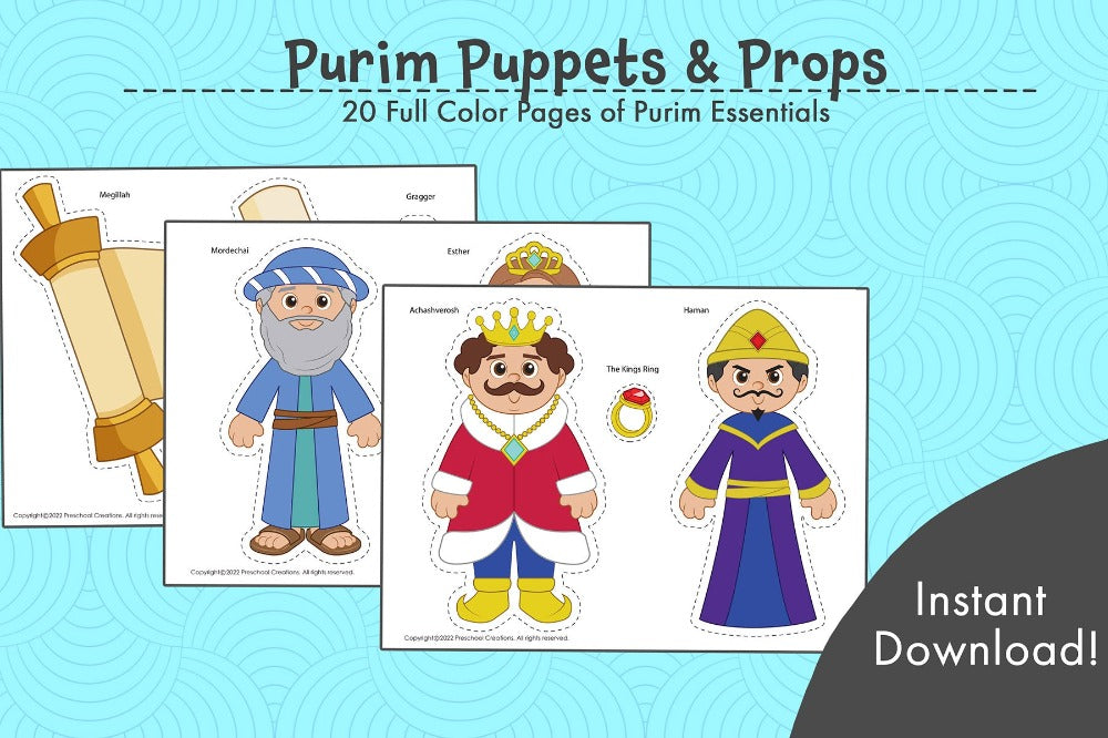 20 Full color pages of adorable Puppets and Props/Bulletin Board Décor for Purim.  What's included?  Achashveirosh Vashti Esther Haman Mordechai Bigsan and Seresh Royal horse Customs and mitzvot of Purim- megillah, mishloach manot, matanot la'evyonim and purim feast, hamantashen, graggers and costumes
