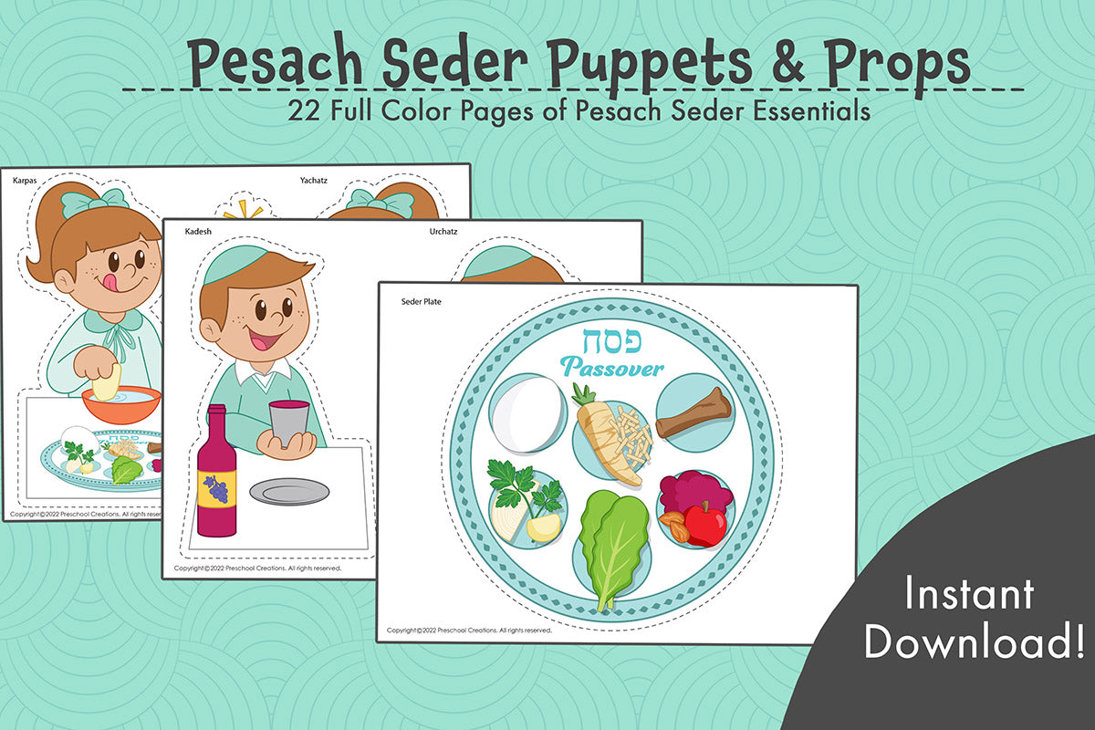 22 Full color Puppets and Props/Bulletin Board Décor about Passover customs and the Pesach Seder.  Featuring the cutest Passover Seder. These puppets will enhance your Pesach teaching and bring the Seder to life.  Bedikas Chametz - Searching for Chametz Biur Chametz - Burning the Chametz Seder plate with the items on and with the items separate 4 cups of wine 3 Matzos Eliyahu Hanavi's cup and opening the door for him 15 Steps of the Seder Visual aids for the Ma Nishtana - the 4 questions