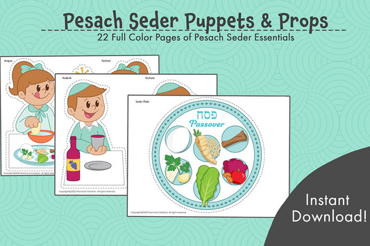 22 Full color Puppets and Props/Bulletin Board Décor about Passover customs and the Pesach Seder.  Featuring the cutest Passover Seder. These puppets will enhance your Pesach teaching and bring the Seder to life.  Bedikas Chametz - Searching for Chametz Biur Chametz - Burning the Chametz Seder plate with the items on and with the items separate 4 cups of wine 3 Matzos Eliyahu Hanavi's cup and opening the door for him 15 Steps of the Seder Visual aids for the Ma Nishtana - the 4 questions