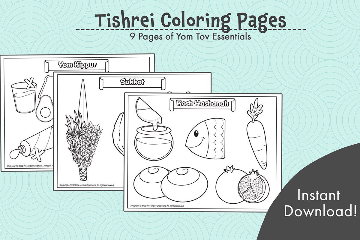 Adorable coloring sheets and coloring pages to enhance your preschool classroom. Full curriculum to teach about High Holidays, Yomim Noraim, Rosh Hashanah, Jewish New Year, Yom Kippur, Sukkot, Sukkos, Simchat Torah, Simchas Torah