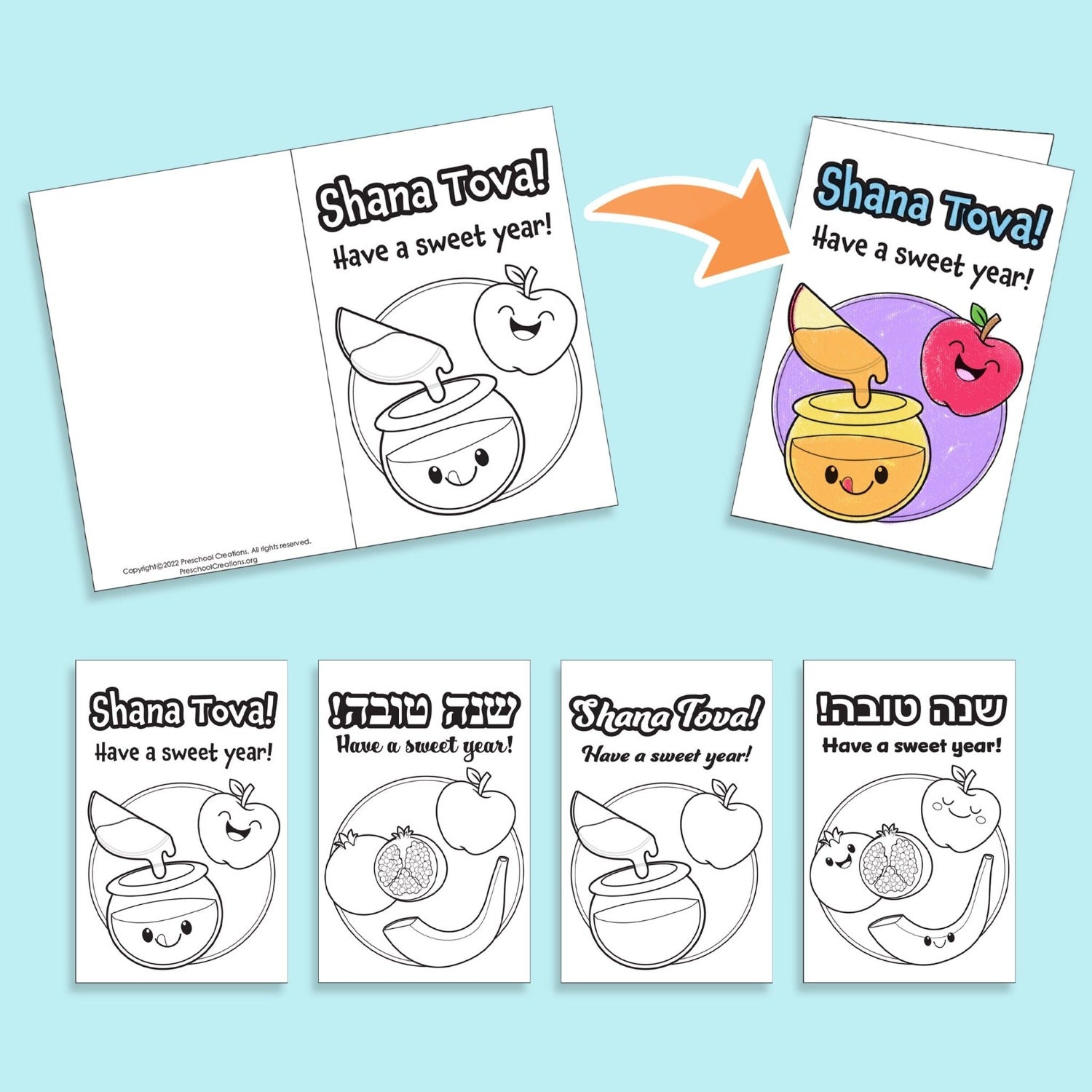 Adorable greeting cards and coloring pages to enhance your preschool classroom. Full curriculum to teach about High Holidays, Yomim Noraim, Rosh Hashanah, Jewish New Year, happy new year cards, shana tova cards, shanah tovah cards, free printable