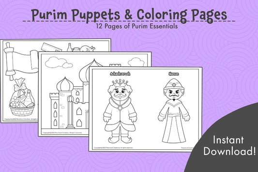 Create your own Purim puppets at school or at home with these adorable Purim characters. You can cut them out, decorate as you wish and attach a popsicle stick to tell the story of Purim.   What is included?  Achashveirosh Vashti Haman Mordechai Esther Bigsan and Seresh Mordechai on the royal horse the 4 mitzvot of Purim