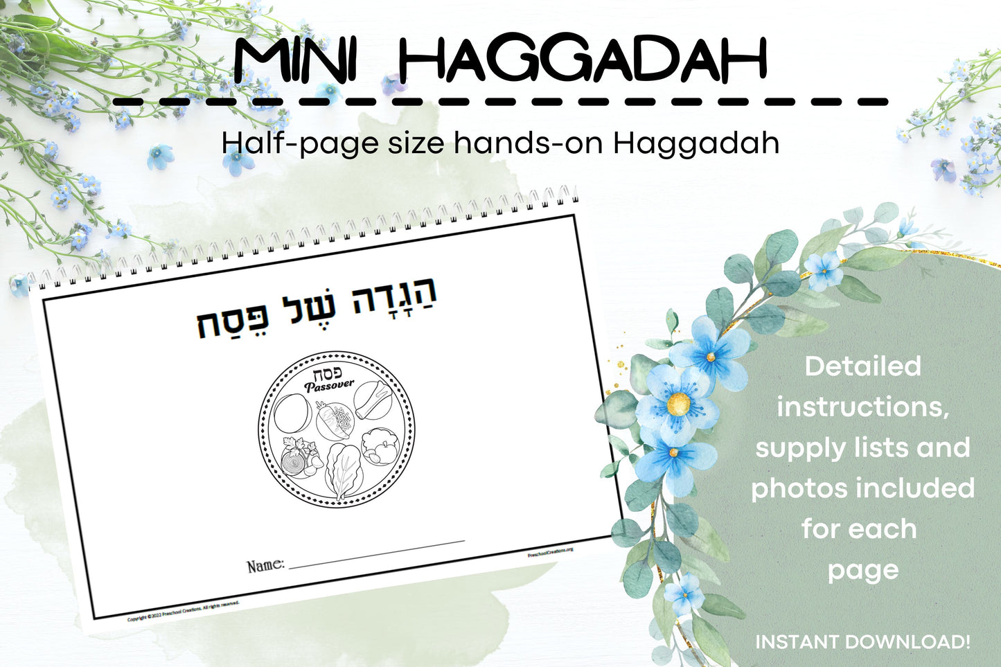 Beautiful Mini-Size Passover Haggadah 3 Pages of instructions, ideas and supplies needed for each page 2 Pages of photo ideas for each step of the seder 5 pages of sample photos of each page so you can see how it should look 3 different versions of the Ma Nishtana (Chabad Yiddish, Chabad Hebew and Regular) so you can print whichever is your custom.