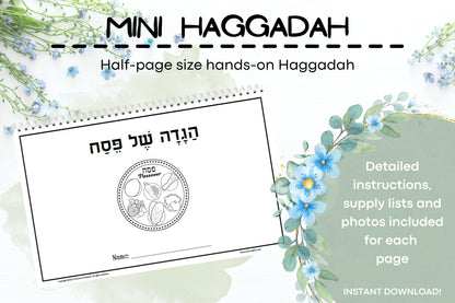 Beautiful Mini-Size Passover Haggadah 3 Pages of instructions, ideas and supplies needed for each page 2 Pages of photo ideas for each step of the seder 5 pages of sample photos of each page so you can see how it should look 3 different versions of the Ma Nishtana (Chabad Yiddish, Chabad Hebew and Regular) so you can print whichever is your custom.