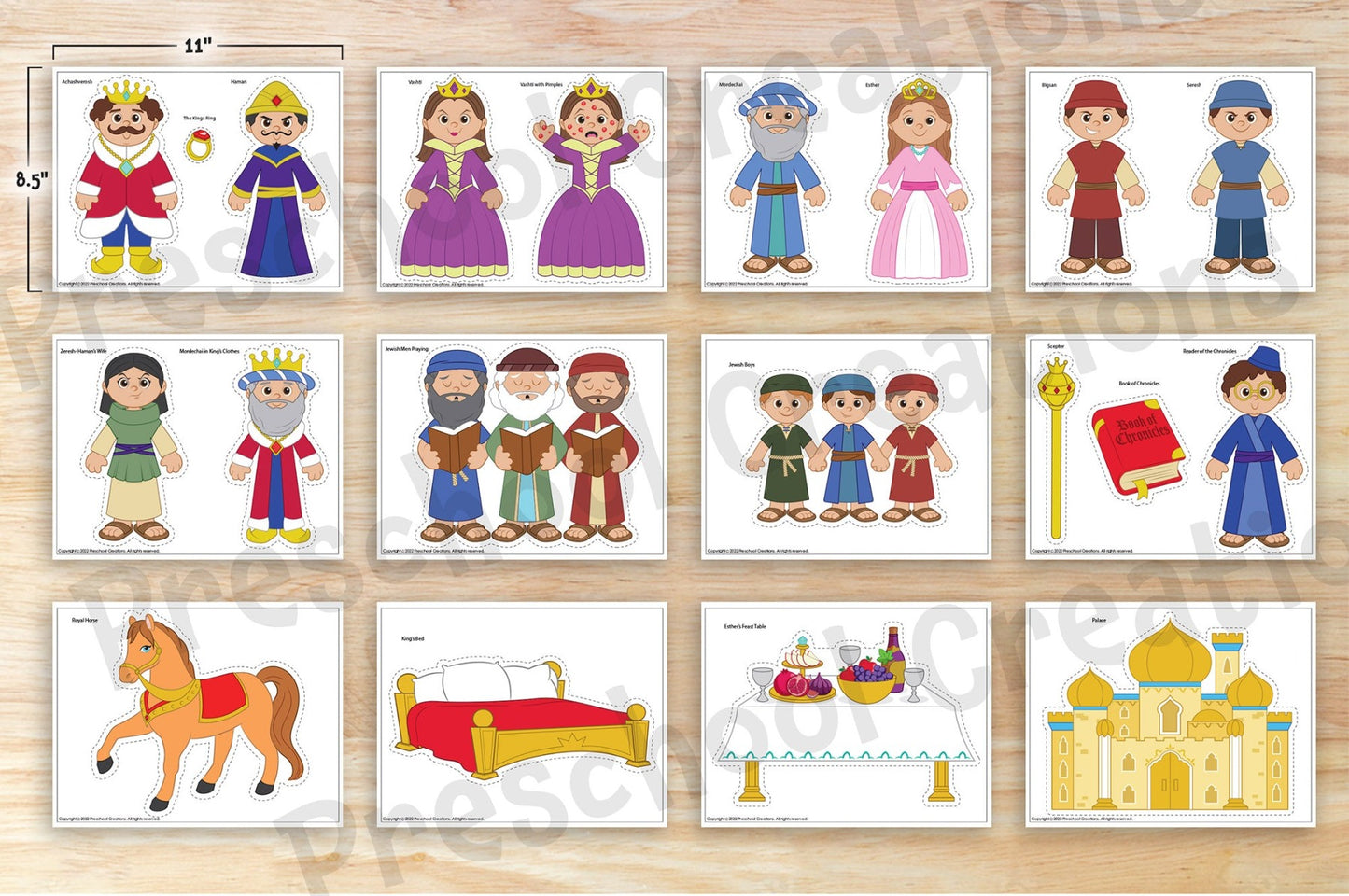 20 Full color pages of adorable Puppets and Props/Bulletin Board Décor for Purim.  What's included?  Achashveirosh Vashti Esther Haman Mordechai Bigsan and Seresh Royal horse Customs and mitzvot of Purim- megillah, mishloach manot, matanot la'evyonim and purim feast, hamantashen, graggers and costumes