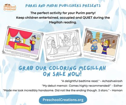 17 beautifully illustrated pages to color your own Megillah.   This megillah is truly one of a kind. It reads like a storybook and has the cutest black and white heavily detailed illustrations. You can use this megillah in your classroom, at shul or at your own Purim party during the megillah reading to keep the kids entertained.  Suggested uses:  Glue or tape the pages together and roll it into a long megillah Staple or bind into a beautiful book Print out for the kids to color during megillah reading 